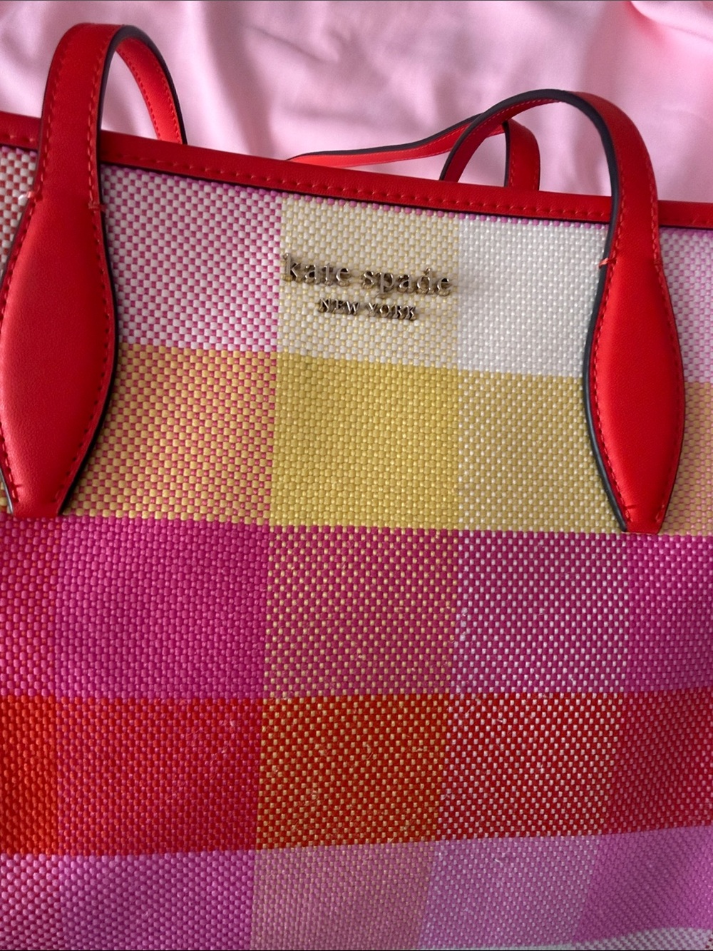 kate spade Pink, Orange & Yellow plaid Canvas Tote - Picture 6 of 14